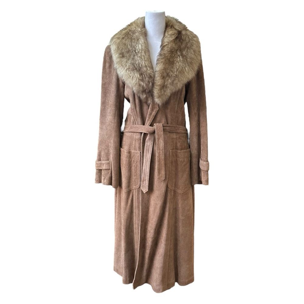 •SOLD• Vintage Penny Lane Coat Belted Suede Faux Fur Tan - Picture 2 of 10